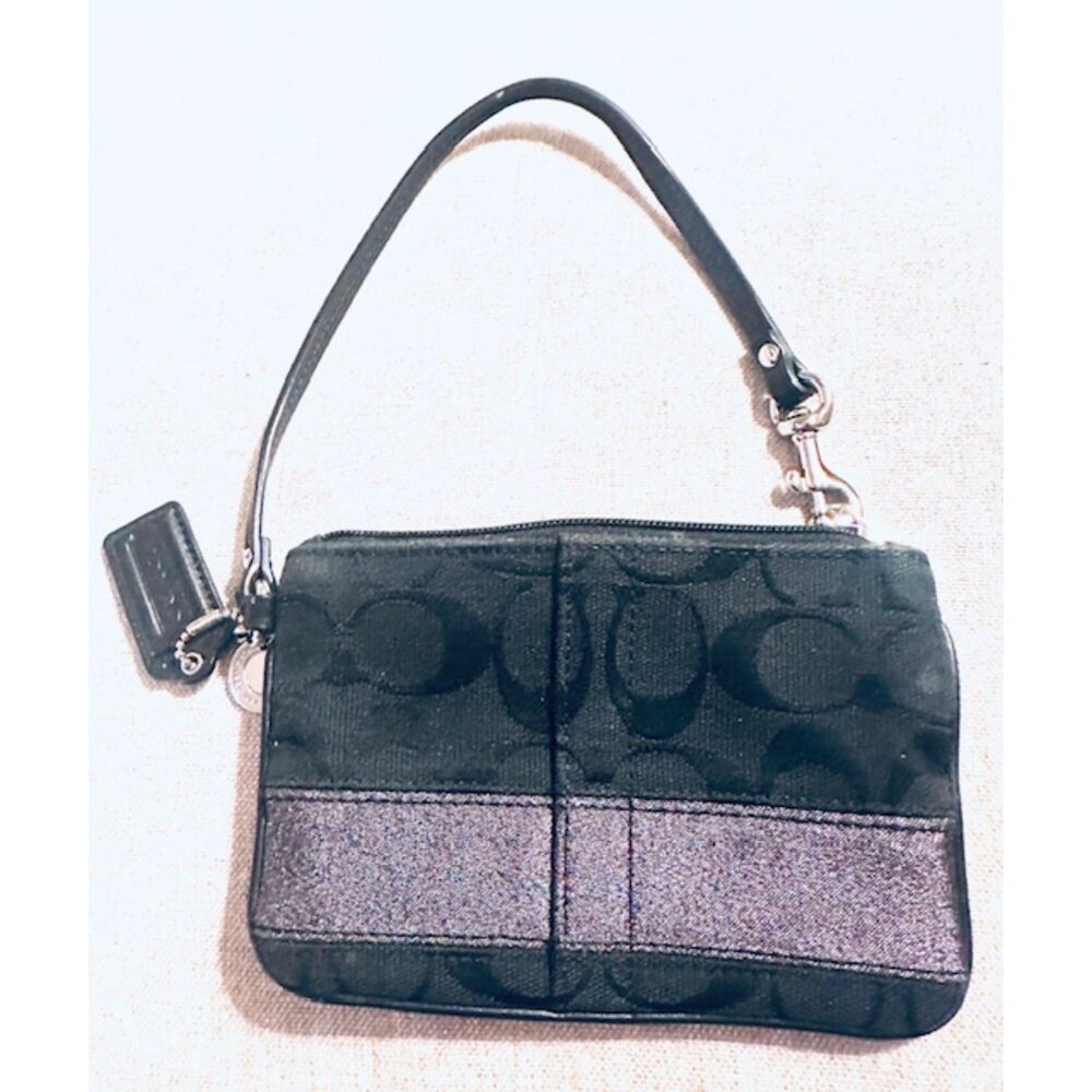 Coach Authentic Black & Silver Metallic Signature Small Wristlet 6" X 4"